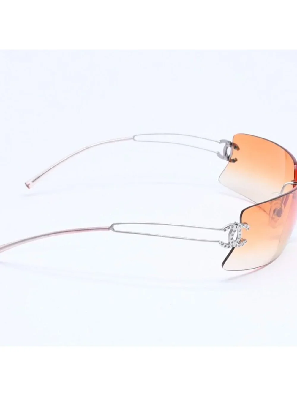 Chanel Rimless Sunglasses Orange Gradient Lens Rhinestone CC Logo Silver Eyewear